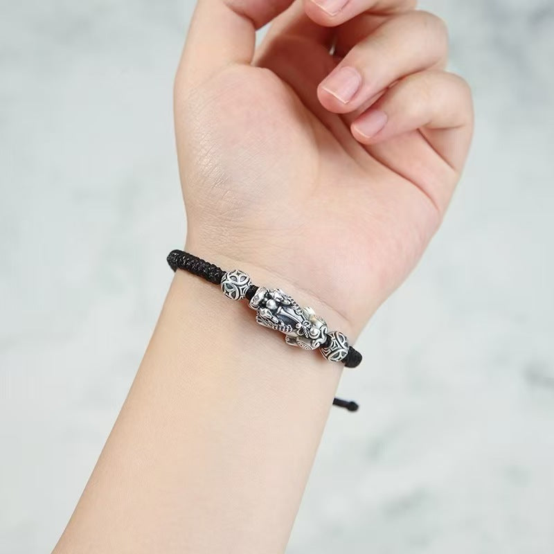 Silver Pixiu Vintage Coin Bead Bracelet-Traditional Good Fortune Symbol