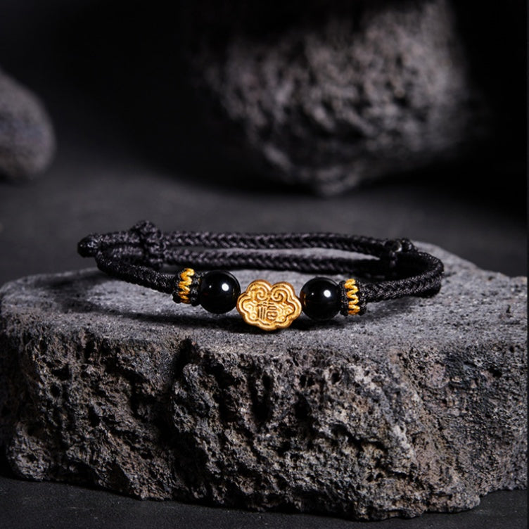 999 Sterling Silver & Obsidian Fortune Bracelet ¨C Handmade Lucky Ruyi Knot Design