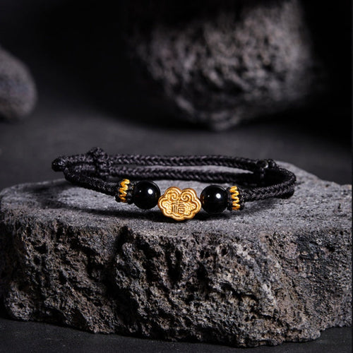 999 Sterling Silver & Obsidian Fortune Bracelet ¨C Handmade Lucky Ruyi Knot Design