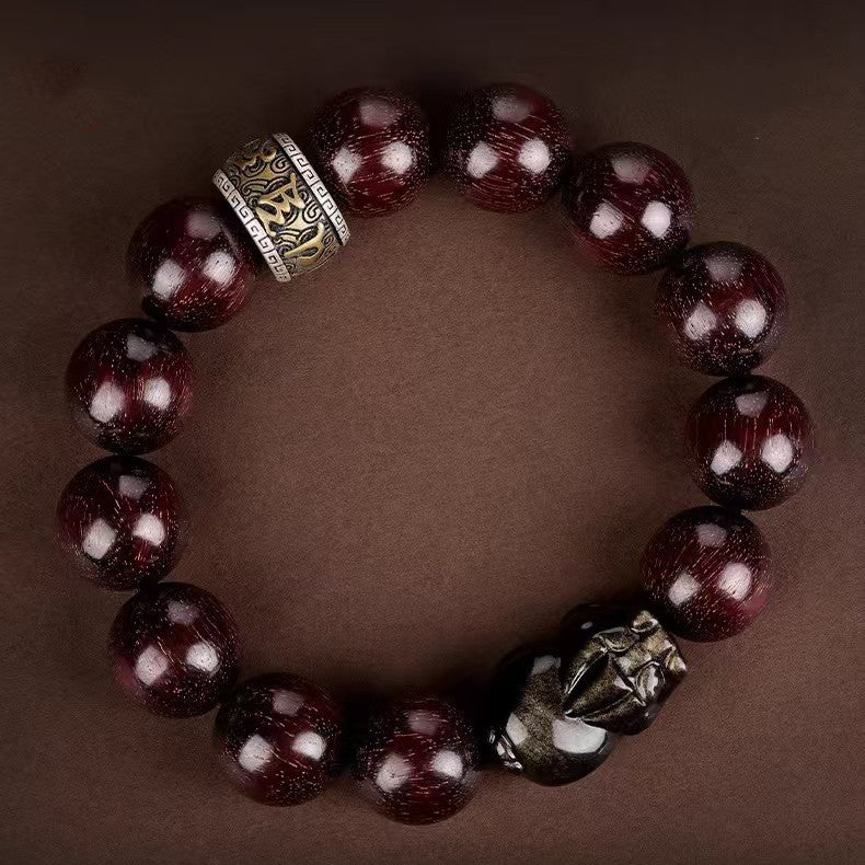 Red Sandalwood & Gold Obsidian Pixiu Bracelet-Prosperity Symbol