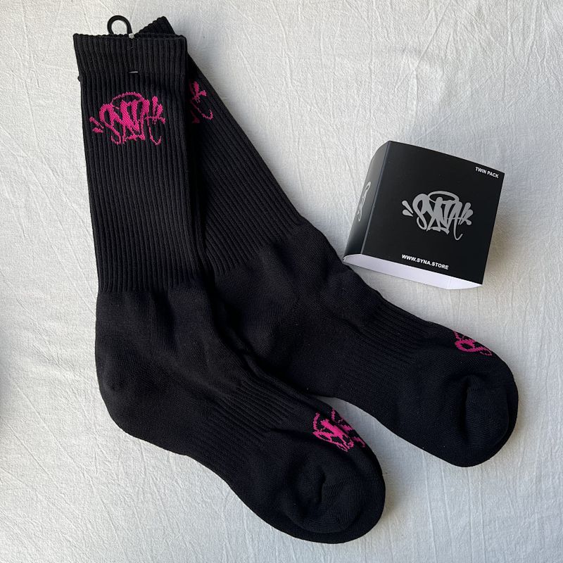 Black Crew Socks with Pink Graffiti Logo