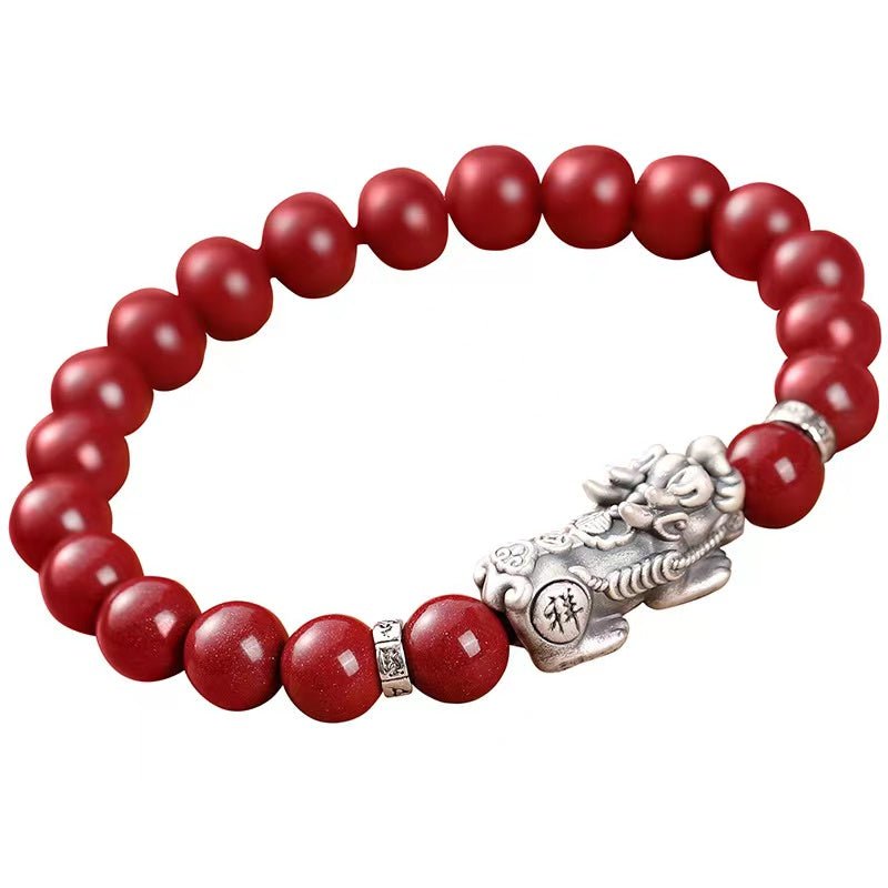 925 Silver Pixiu Bracelet-Natural Cinnabar Bead