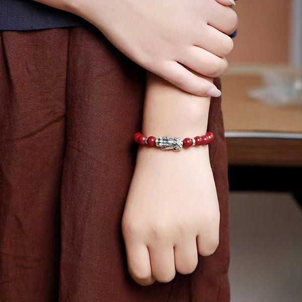 925 Silver Pixiu Bracelet-Natural Cinnabar Bead