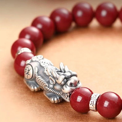 925 Silver Pixiu Bracelet-Natural Cinnabar Bead
