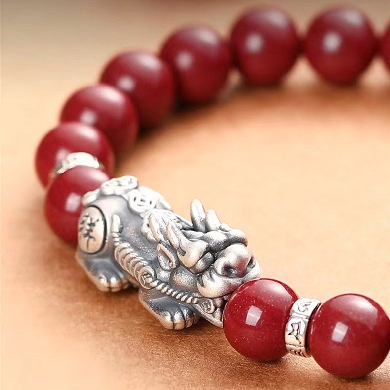 925 Silver Pixiu Bracelet-Natural Cinnabar Bead