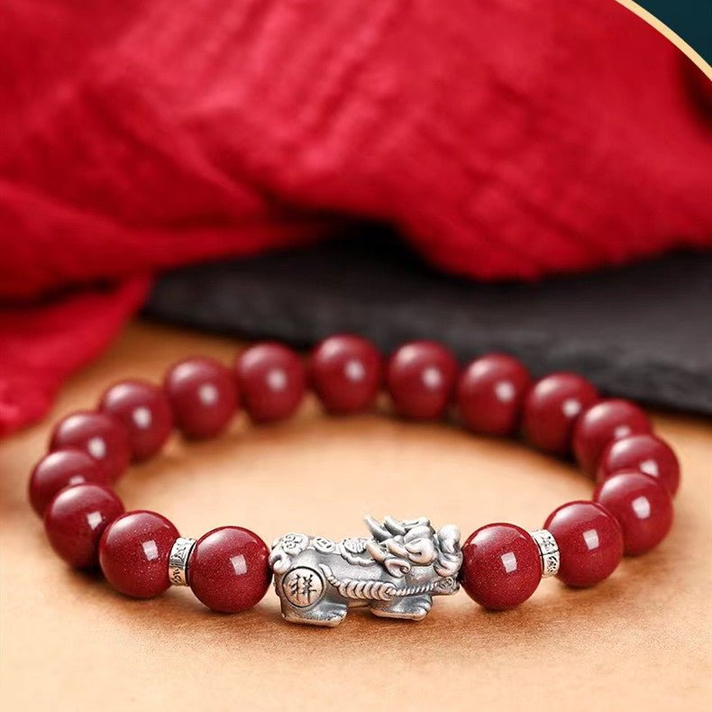 925 Silver Pixiu Bracelet-Natural Cinnabar Bead