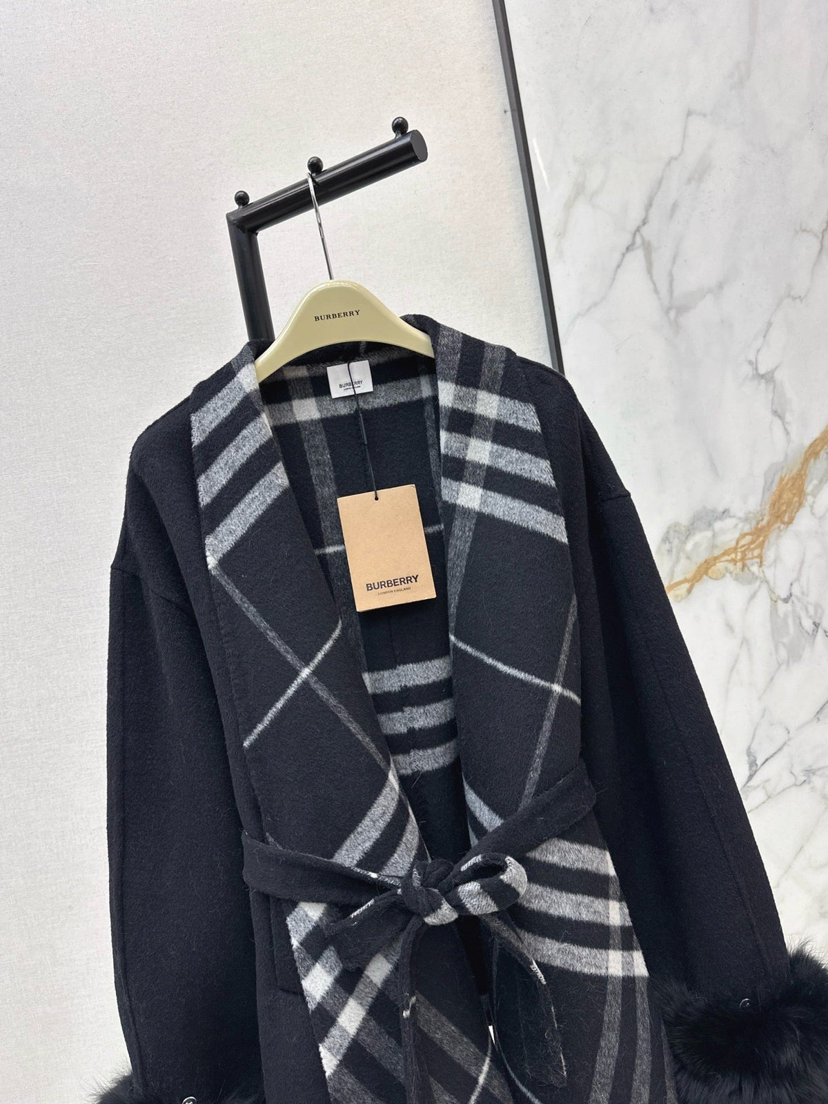Check Panel Belted Wool Cardigan Coat