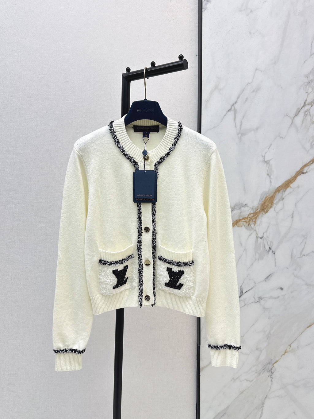 Monogram Pocket Tweed-Trim Cardigan