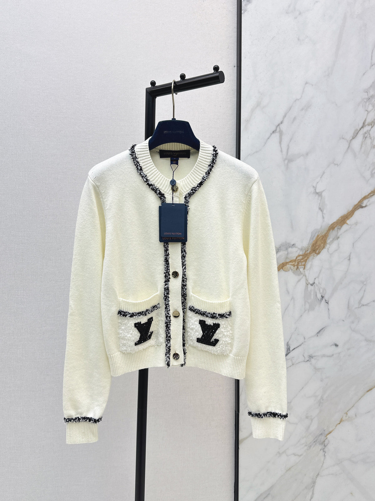 Monogram Pocket Tweed-Trim Cardigan