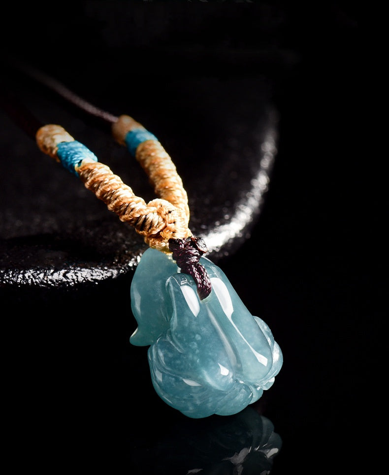 Natural Blue Jadeite Nine-Tailed Fox Pendant ¨C A Jade Ice Variety Carving