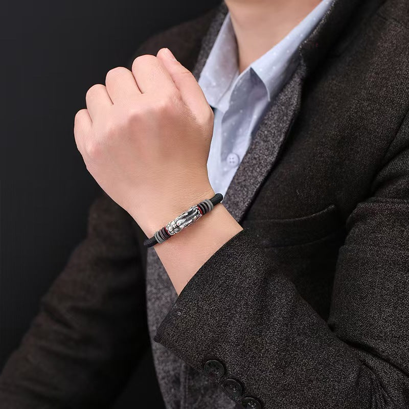 Men's Sterling Silver Dragon Head Handmade Rope Bracelet-Protection&Luck