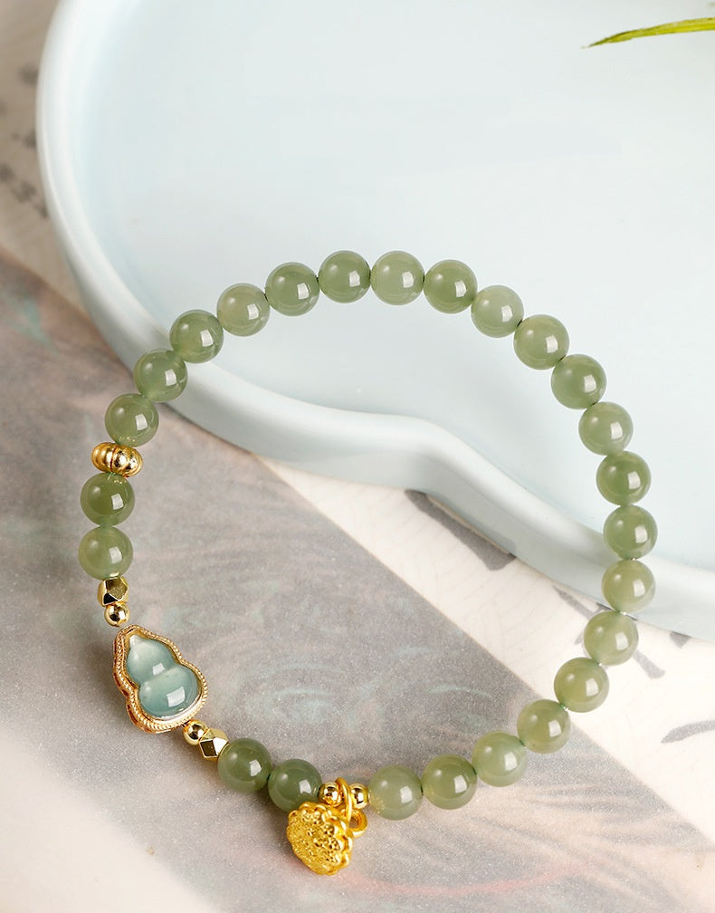 Hetian Jade Beaded Bracelet with Jadeite Gourd and Lotus Charm