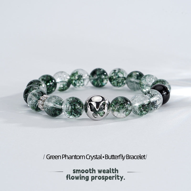 Green Phantom Quartz Bracelet with 925 Silver Butterfly ¨C Crystal of Clarity. Growth & Good Fortune