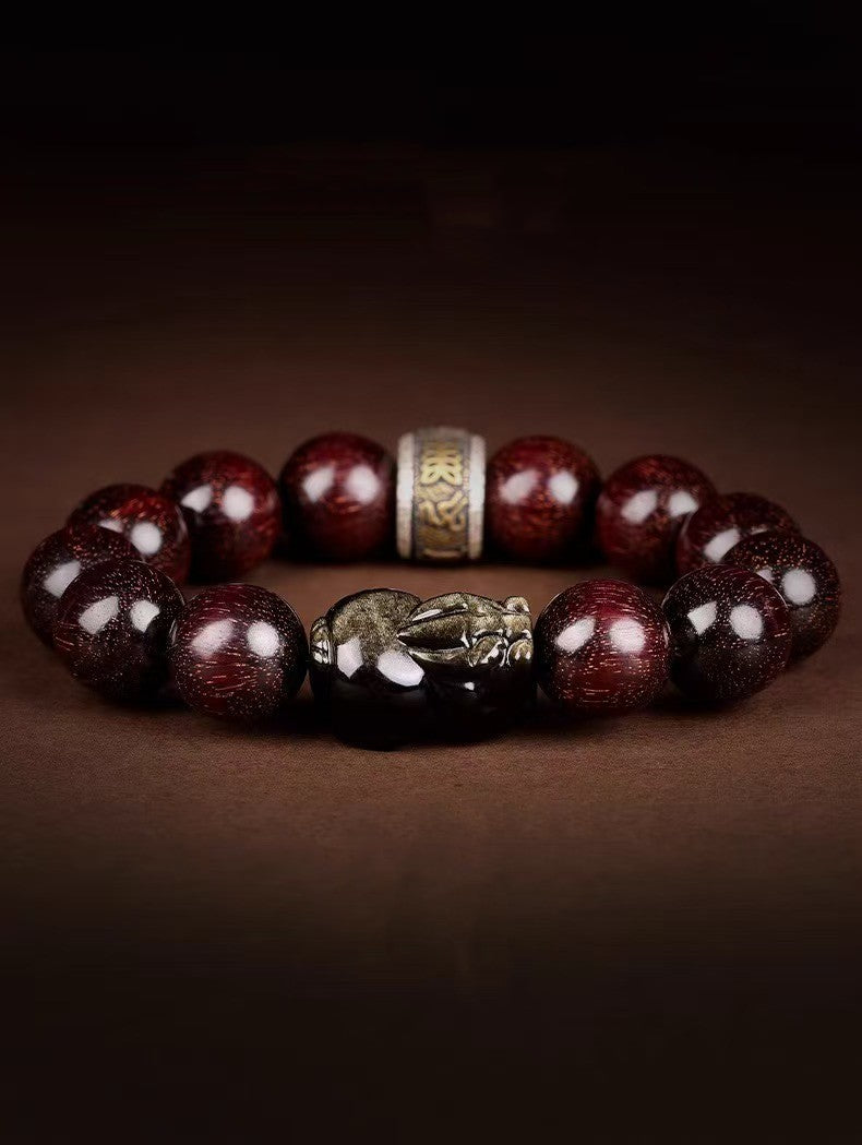 Red Sandalwood & Gold Obsidian Pixiu Bracelet-Prosperity Symbol