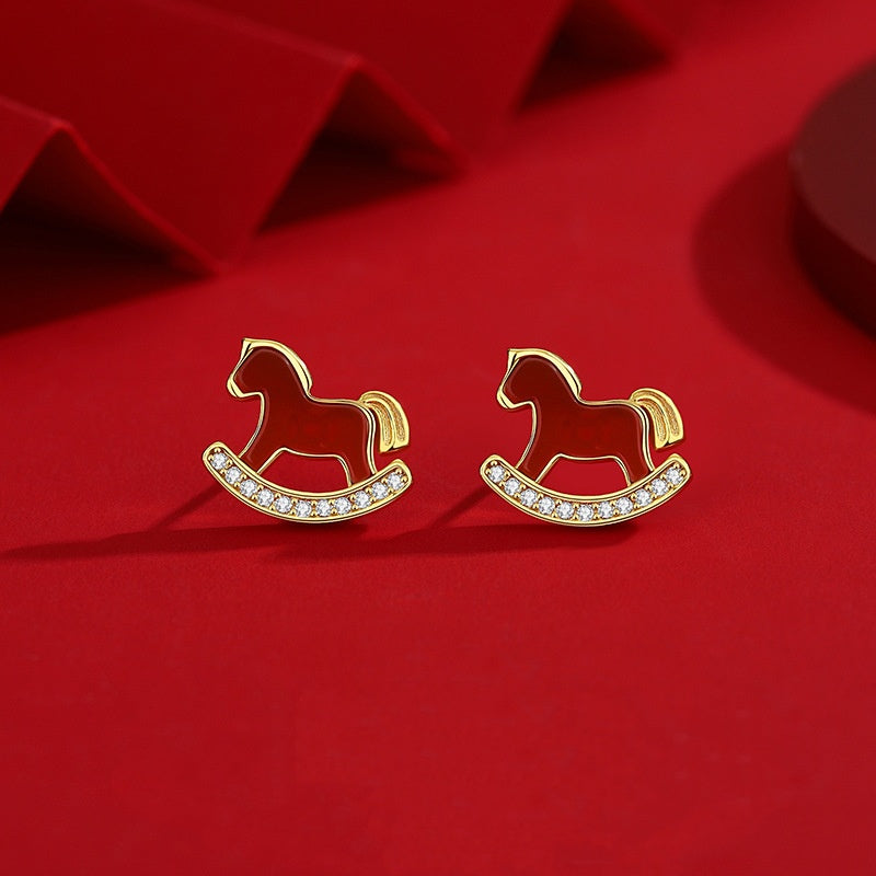 2026 Year of the Horse Red Agate Earrings ¨C 925 Sterling Silver Lucky Studs for Wealth & New Beginnings