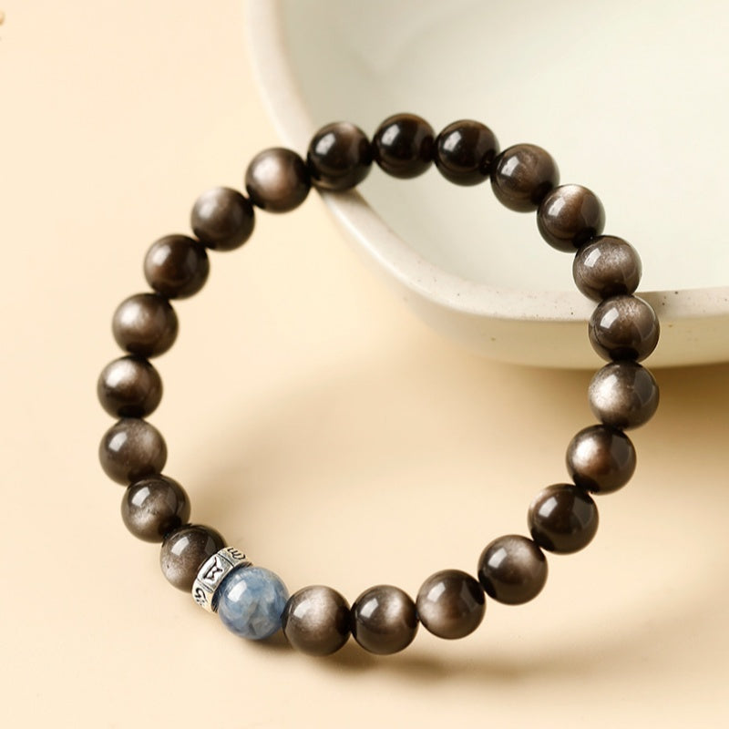 Centered Focus-Silver Obsidian Six True Words Mantra Bracelet