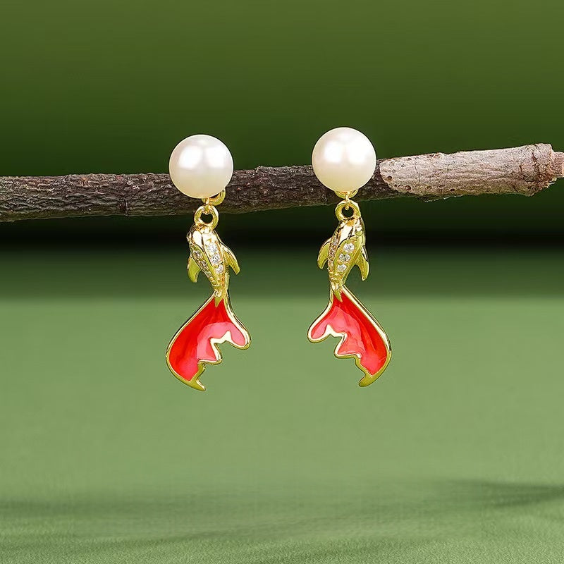 Pearl Koi Fish Drop Earrings ¨C Elegant Gold-Plated Studs with Enamel & Crystals