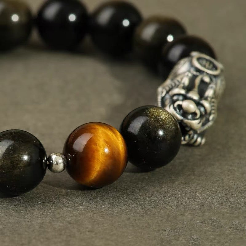 999 Silver Pixiu Gold Obsidian Bracelet-Traditional Good Fortune Symbol