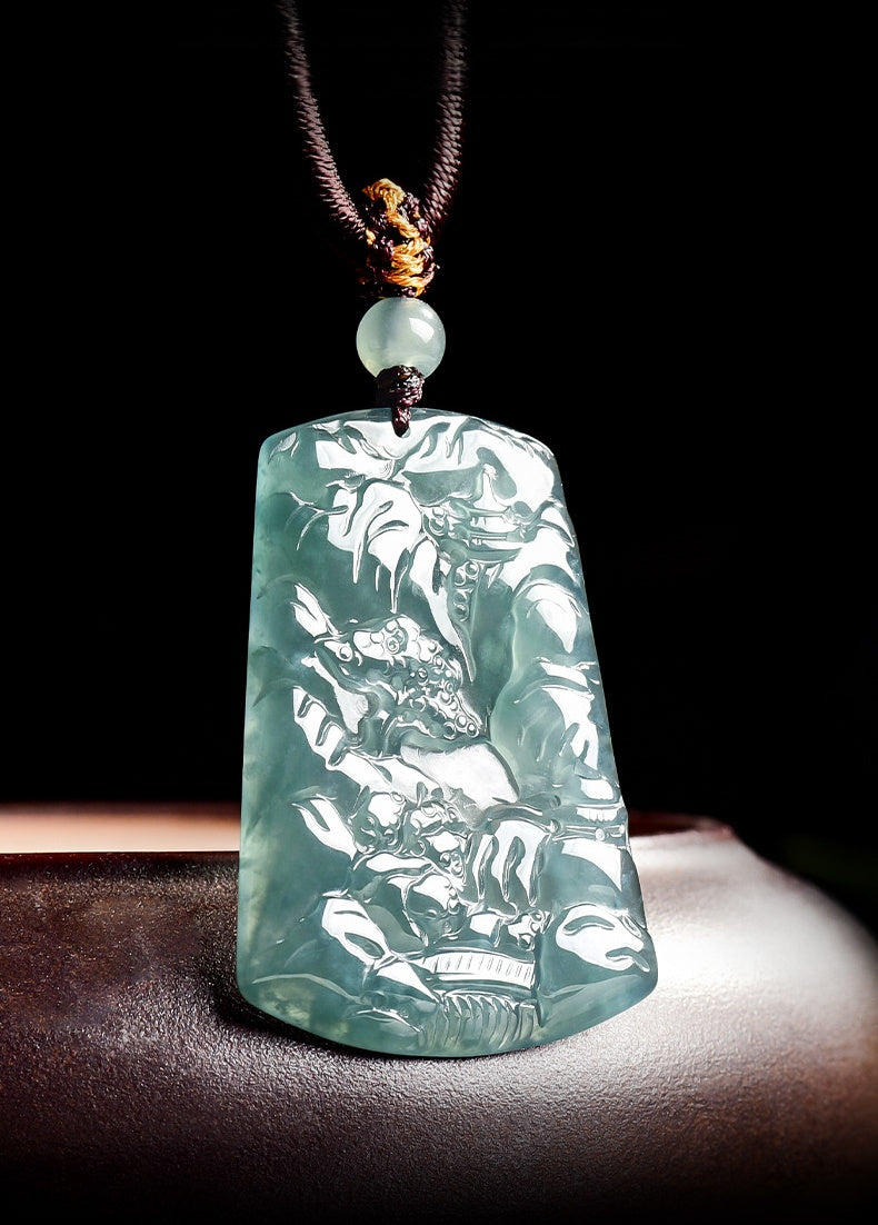 Blue Jadeite Landscape Pendant – Natural A-Grade Glutinous Variety Jade Carving-grade a jade