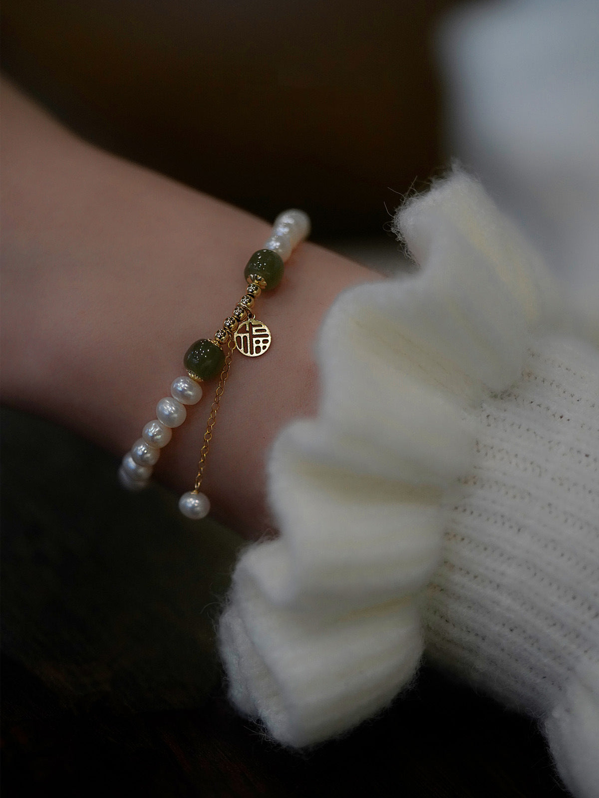 Natural Pearl Bracelet-Green Jade Beads Fu