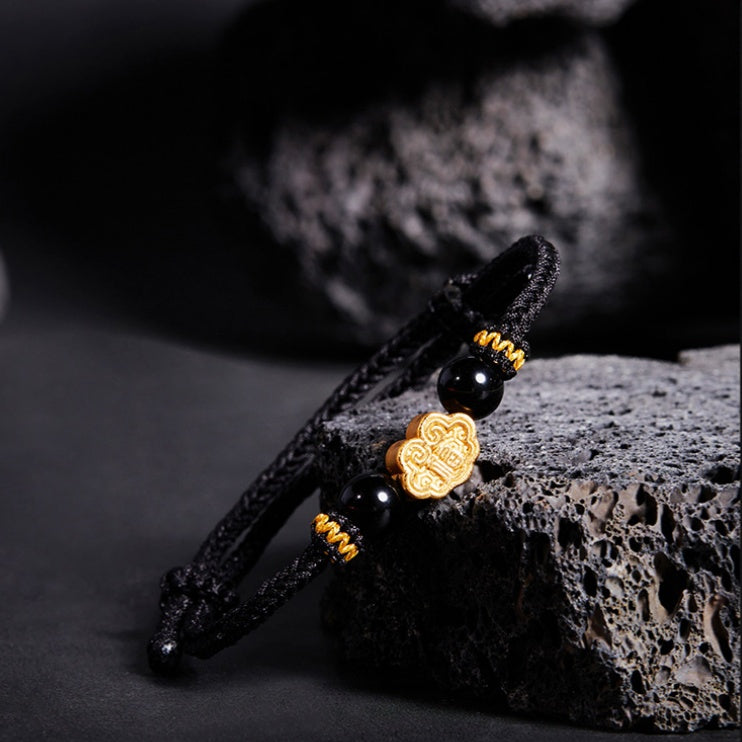 999 Sterling Silver & Obsidian Fortune Bracelet ¨C Handmade Lucky Ruyi Knot Design