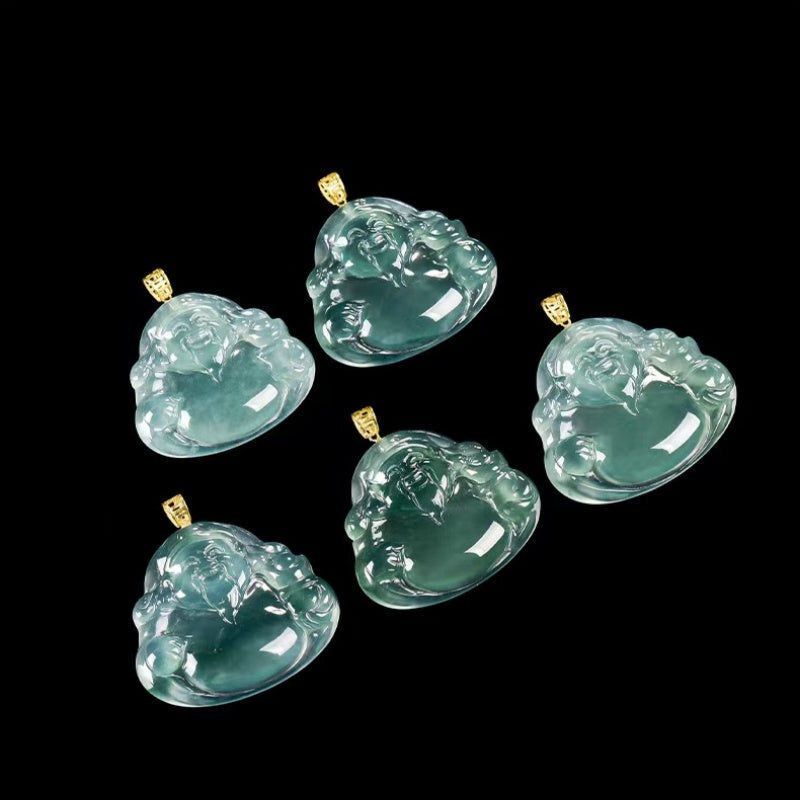 Blue Jadeite God of Wealth Pendant ¨C Natural Ice-Type Jade Necklace with 18K Gold Setting