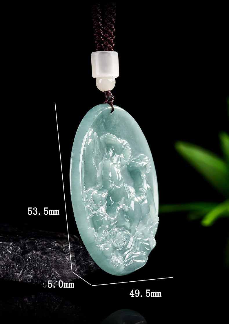 Grade A Blue Jadeite Goat Pendant ¨C Three Goats Bring Bliss Carved Jade Amulet for Harmony & Prosperity
