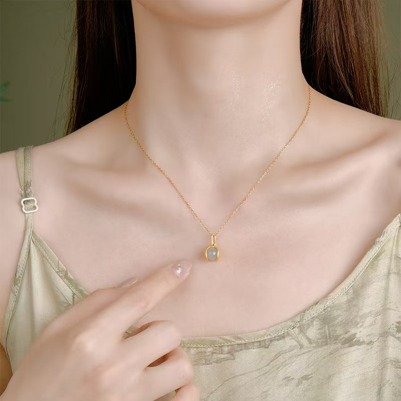 Gentle Essence Hetian Jade Pendant Necklace¨C S925 Sterling Silver with Ancient Gold Finish