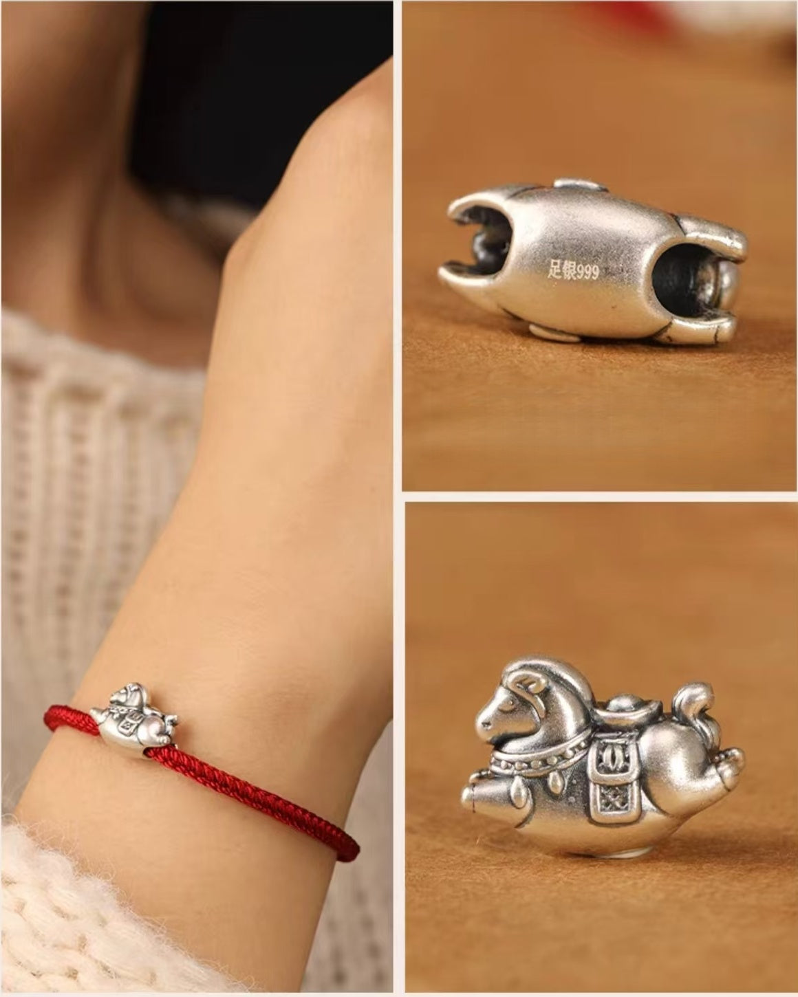 999 Silver Heavenly Joy Pony Bracelet with Adjustable Handmade Cord