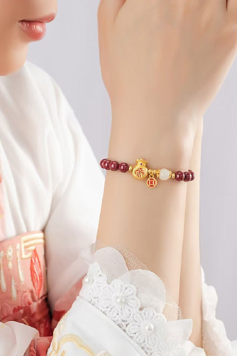 Gold Money Bag Cinnbar Beads Bracelet-Traditional Good Fortune Symbol