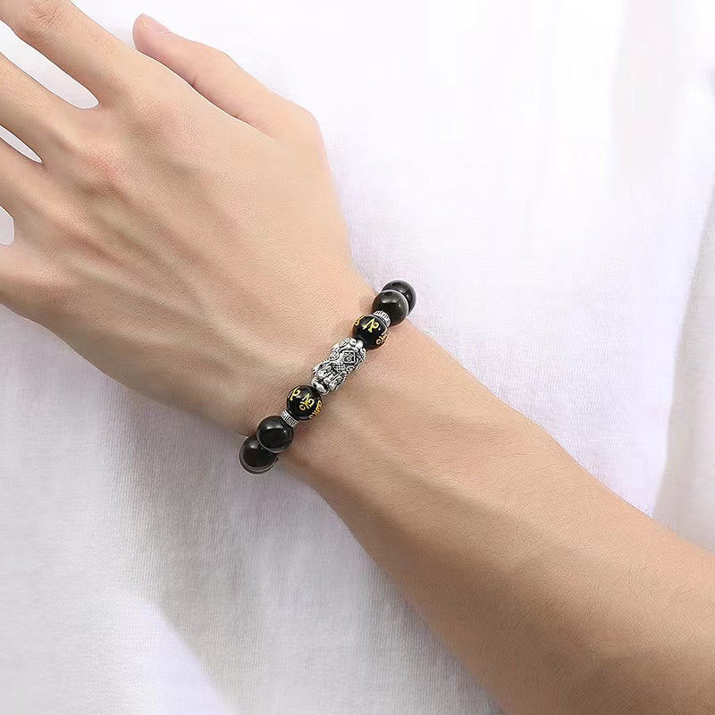 999 Silver Pixiu Black Obsidian Bracelet-Traditional Good Fortune Symbol