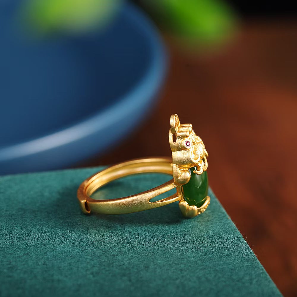 Guardian Prosperity Pixiu Green Jade Gold-Plated Silver Ring
