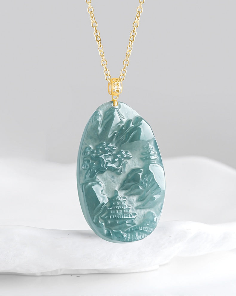 Jade Landscape Pendant¨CWisdom, Serenity & Boundless Prosperity-grade a jade