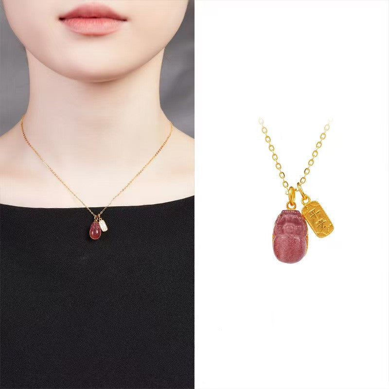 Strawberry Quartz Pixiu & Peace Amulet Pendant Necklace-Good Fortune & Peace Symbol