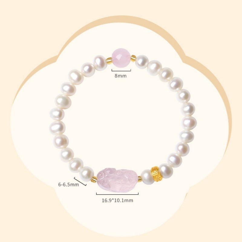 Rose Quartz Pixiu Bracelet with Pearls â€?925 Silver Fortune & Peace Charm