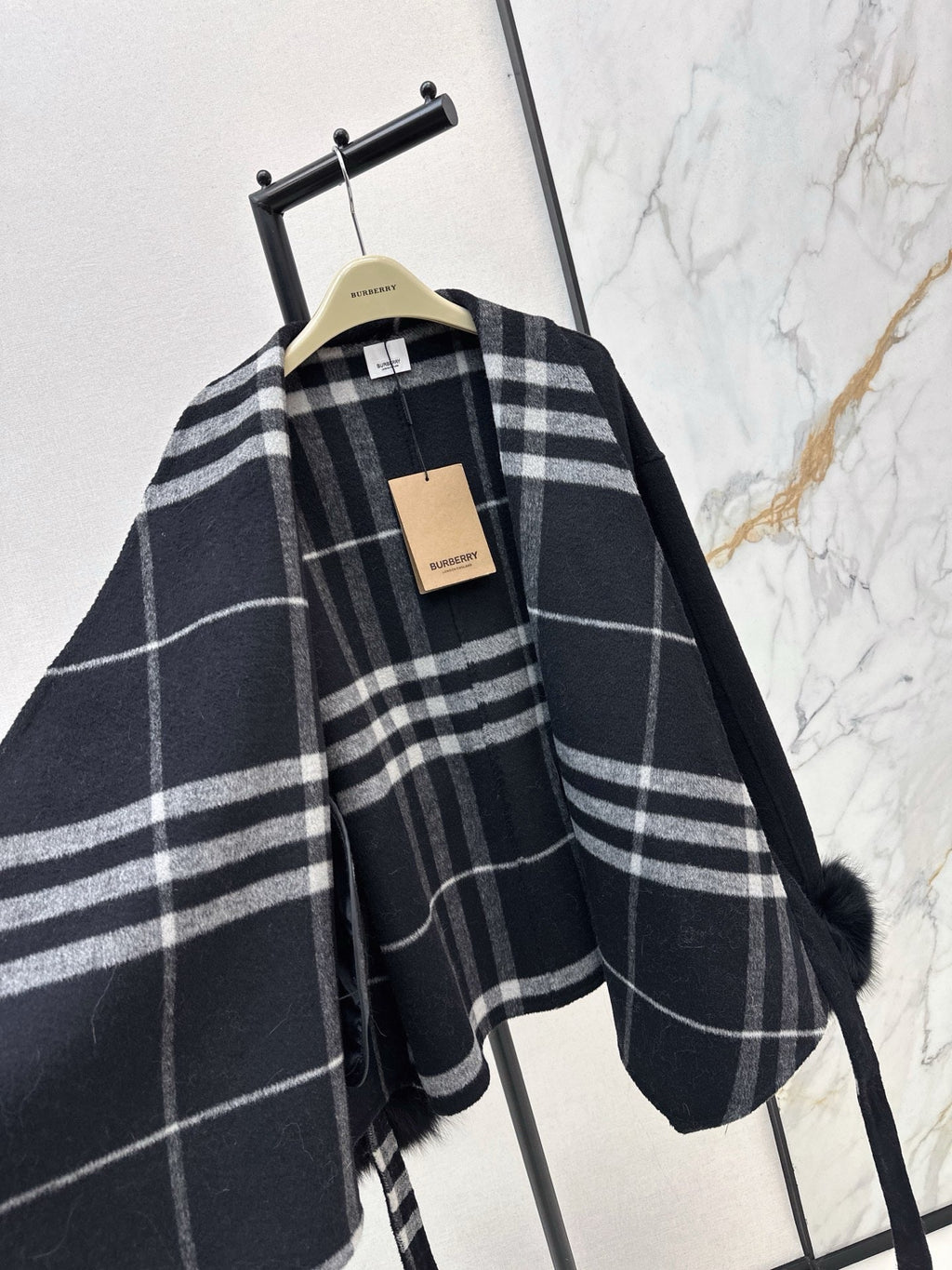 Check Panel Belted Wool Cardigan Coat