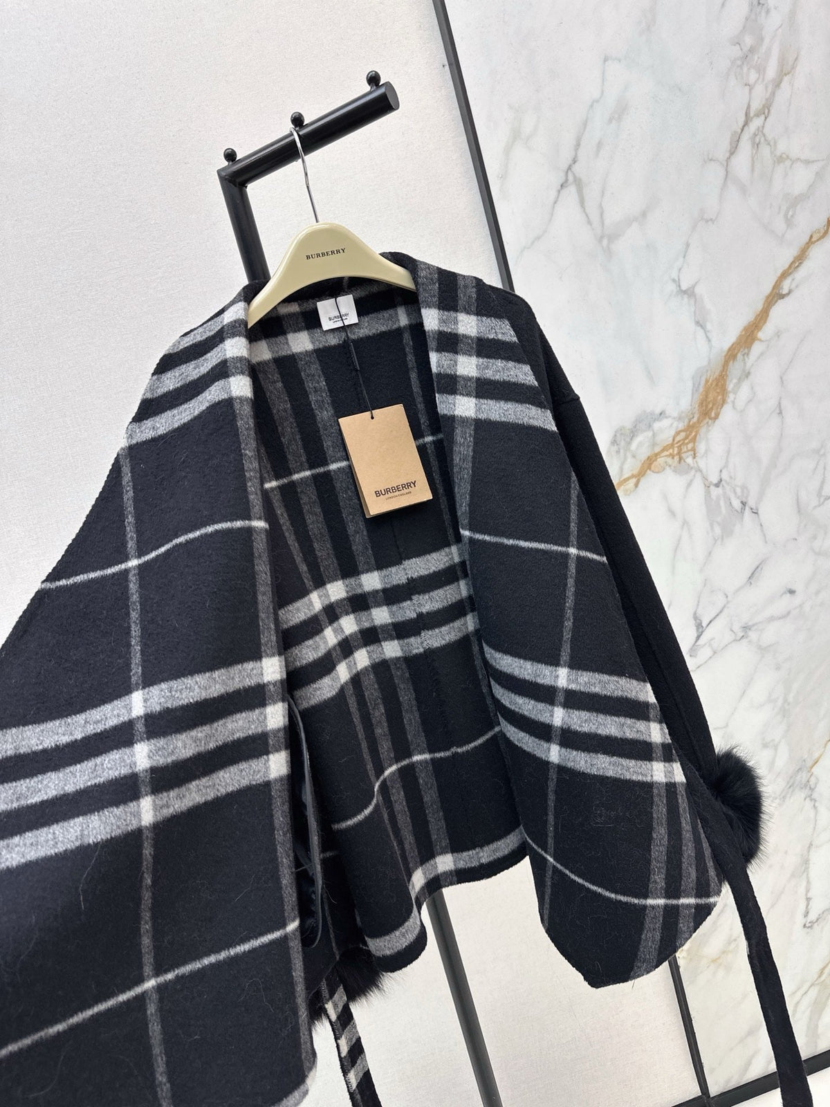 Check Panel Belted Wool Cardigan Coat