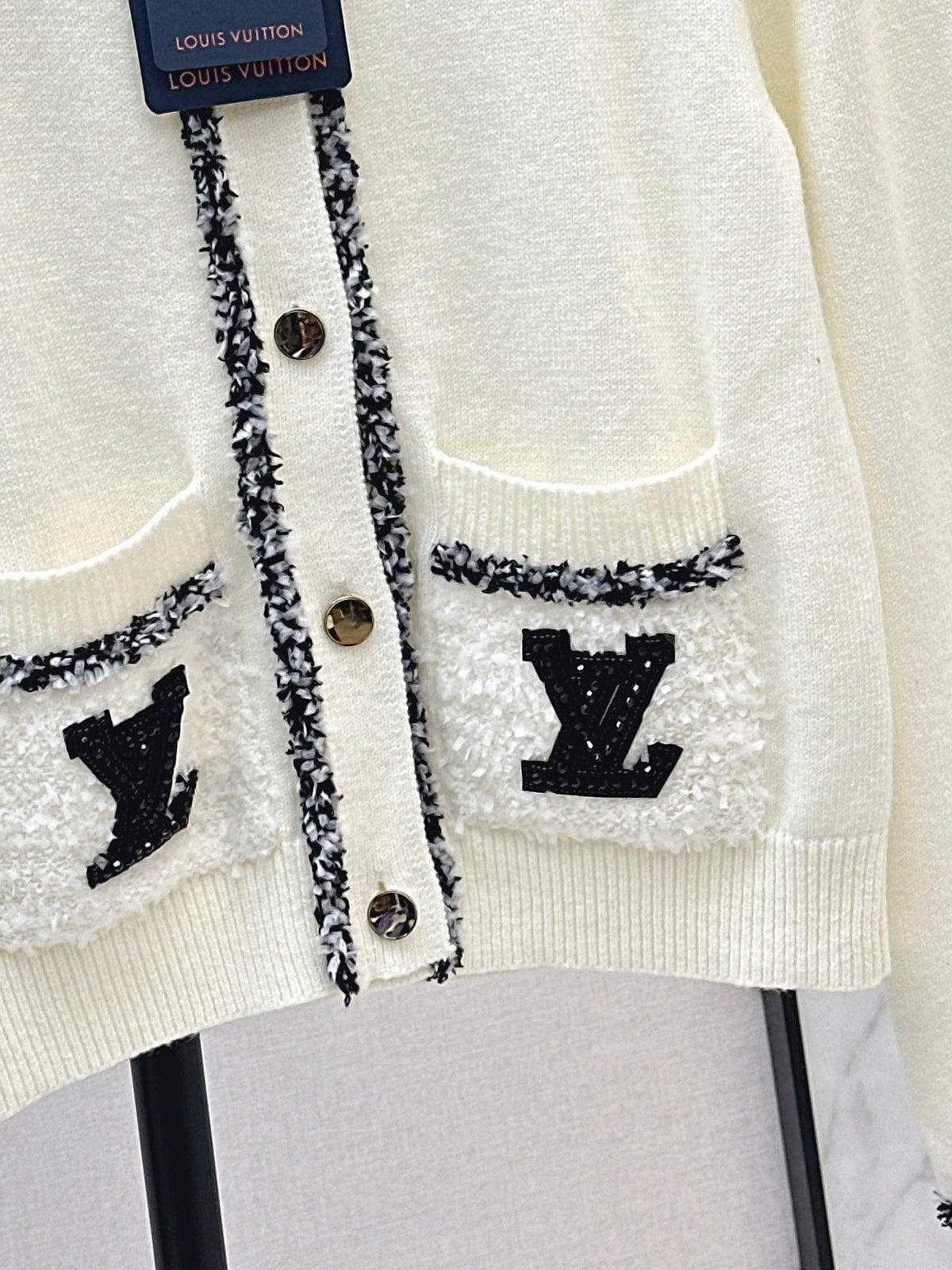 Monogram Pocket Tweed-Trim Cardigan