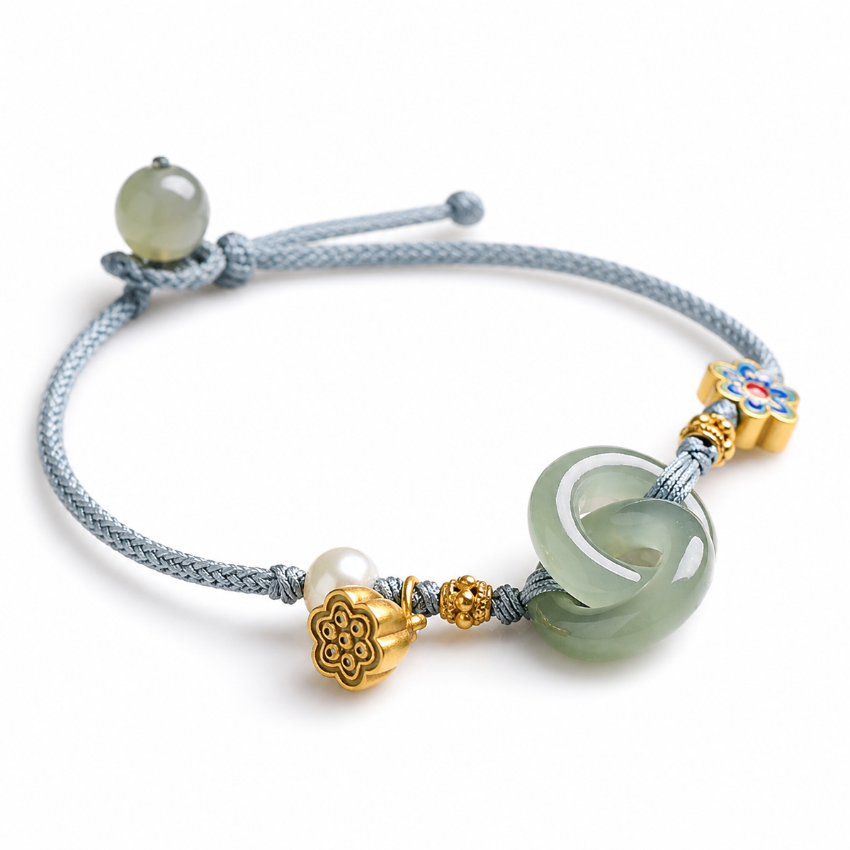 Interlocking Jade & Enamel Lotus Bracelet-Endless Love & Harmony Charm