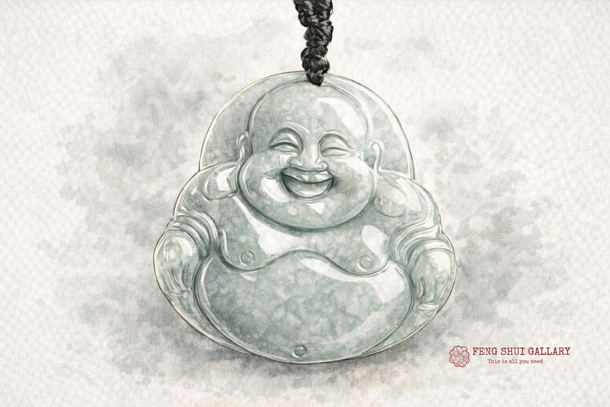 Laughing Buddha  Jade Pendant-Beaded Rope Chain-Grade A Jade