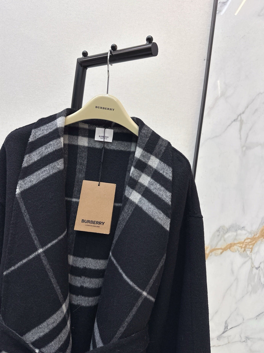 Check Panel Belted Wool Cardigan Coat