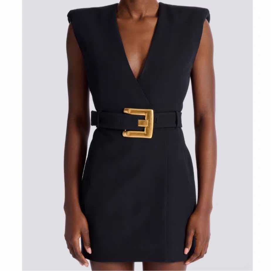 Balmain Sleeveless Mini Dress with Gold Buckle Belt Black Polyester