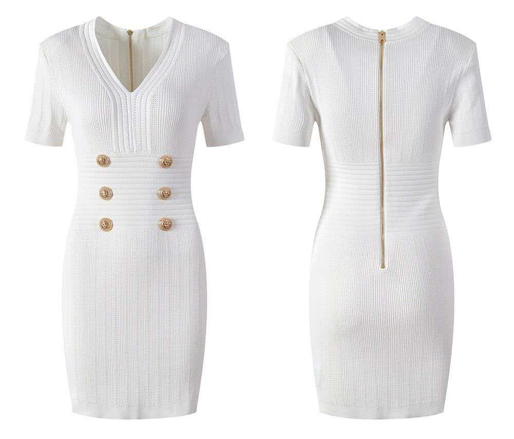 Balmain Knitted Mini Dress with Gold Buttons Ice Silk Fabric