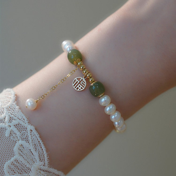 Natural Pearl Bracelet-Green Jade Beads Fu