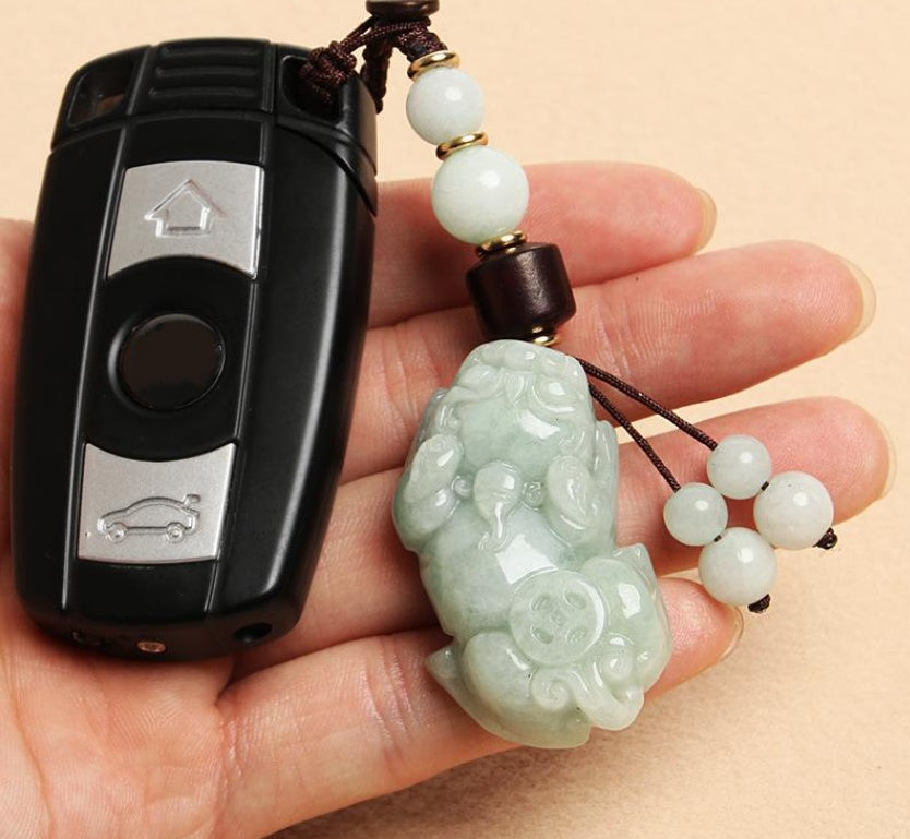 Lucky Natural White Jade Pixiu  Auto Key Chain Pendant