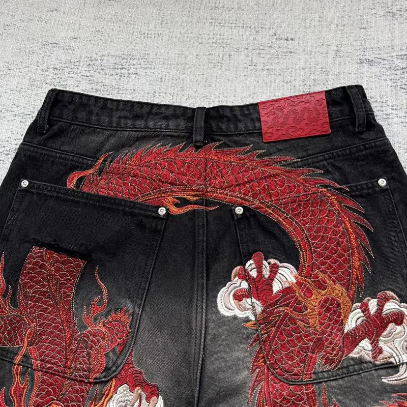 Black Washed Denim Jeans - Red Dragon Embroidery