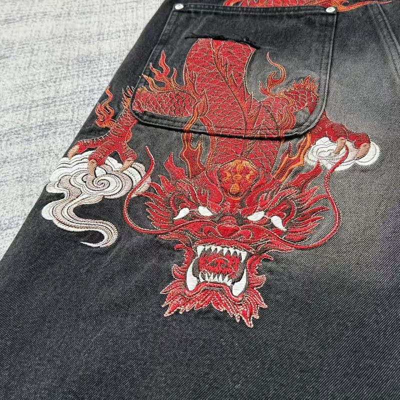 Black Washed Denim Jeans - Red Dragon Embroidery