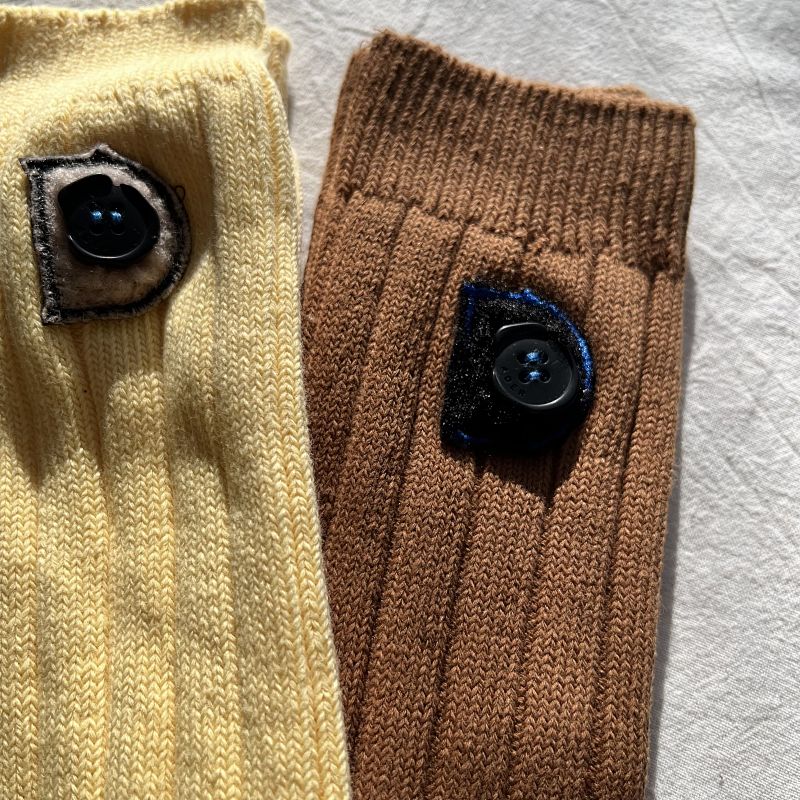 Ribbed Knit Crew Socks with Button Detail