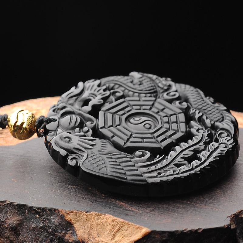 Auspicious Dragon & Phoenix Black Obsidian Pendant Necklace