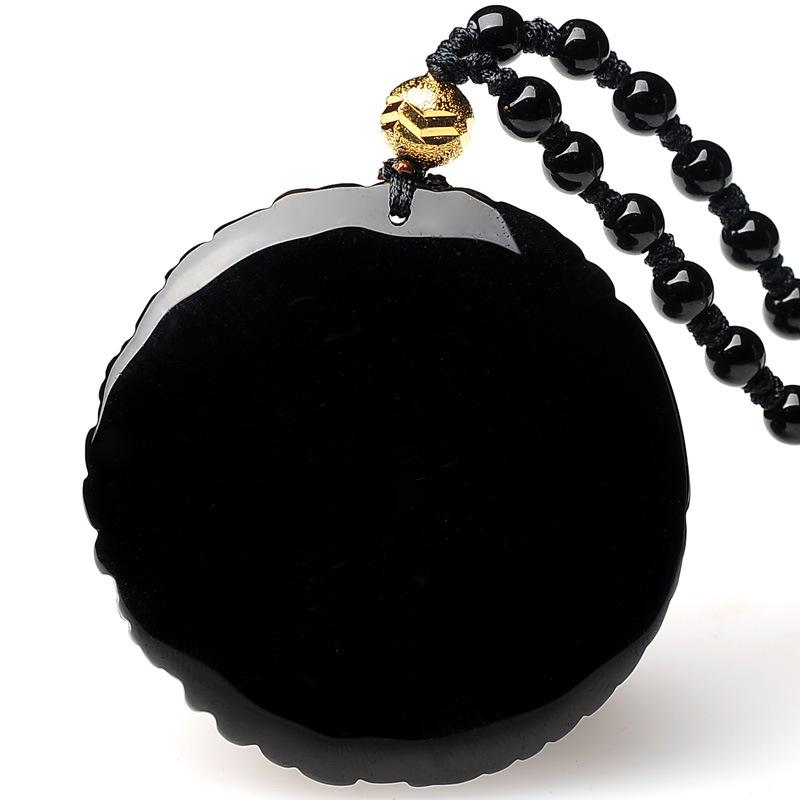 Auspicious Dragon & Phoenix Black Obsidian Pendant Necklace